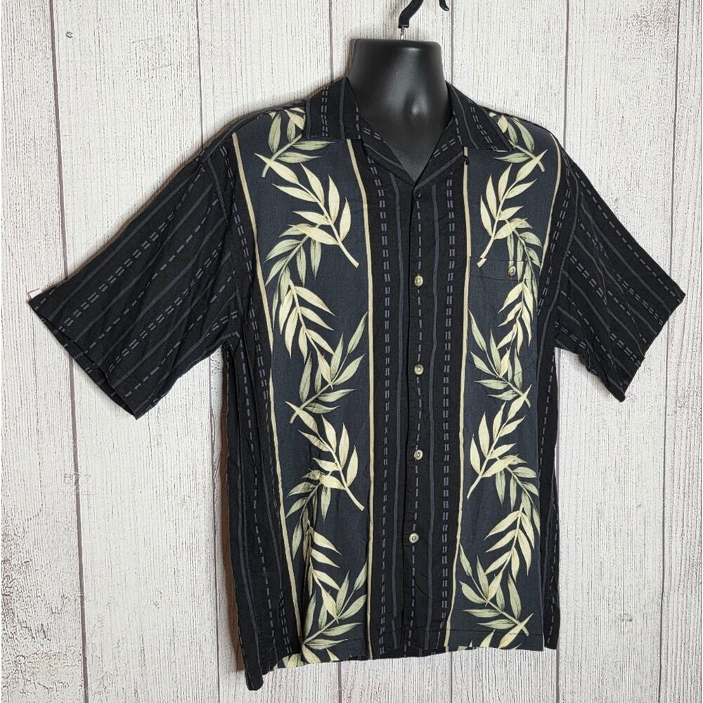 VTG Hilo Hattie Hawaiian Shirt | Black Leaf Print Rayon Button Up | Size M - Picture 2 of 4